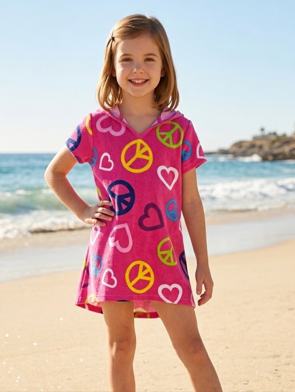 Girls Hooded Terry Beach Cover Up Pink Peace Sign Hearts Swim Cover-Up Size 6 6X